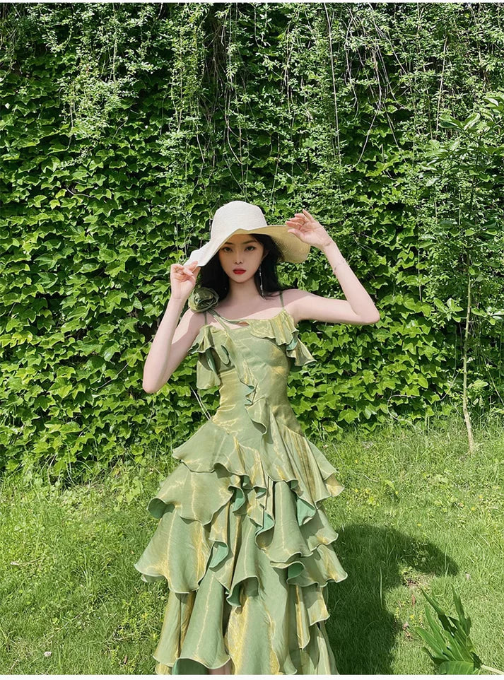 Pretty Irregular Ruffled Spaghetti Straps Green Prom Dresses With Detachable Rose Long Birthday Dress For Women, LTP3573