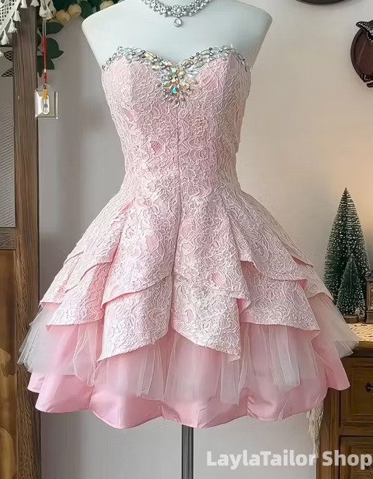 Pink Strapless Lace Rainstones Beaded Homecoming Dresses,LTP3695