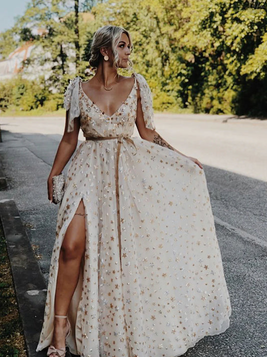 V-Neck Starry Sleeveless A-Line Prom Dresses With Split