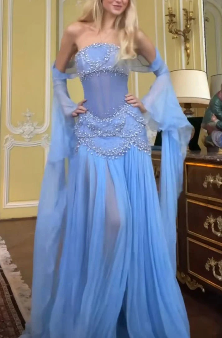 Sexy A Line Off The Shoulder Maxi Long Party Light Blue Chiffon Prom Dresses Evening Dress, LTP3646