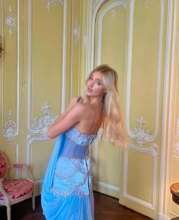 Sexy A Line Off The Shoulder Maxi Long Party Light Blue Chiffon Prom Dresses Evening Dress, LTP3646