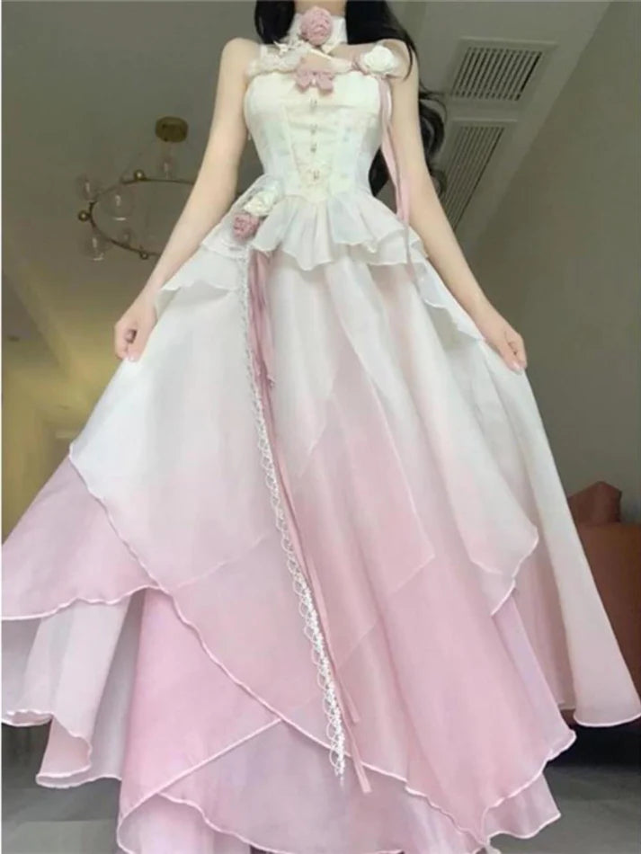 Sexy A line Ombre Pink Chiffon Dress Long Prom Dresses Night Dress Birthday Outfits, LTP3592
