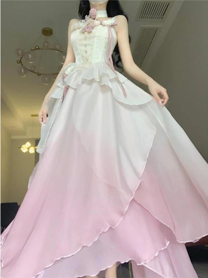 Sexy A line Ombre Pink Chiffon Dress Long Prom Dresses Night Dress Birthday Outfits, LTP3592