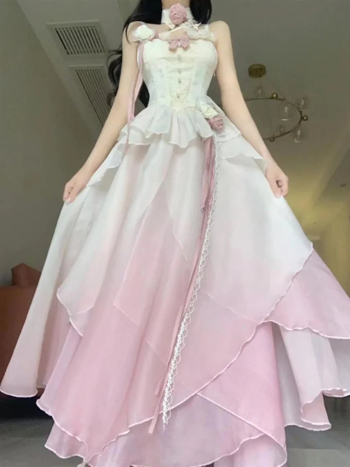 Sexy A line Ombre Pink Chiffon Dress Long Prom Dresses Night Dress Birthday Outfits, LTP3592