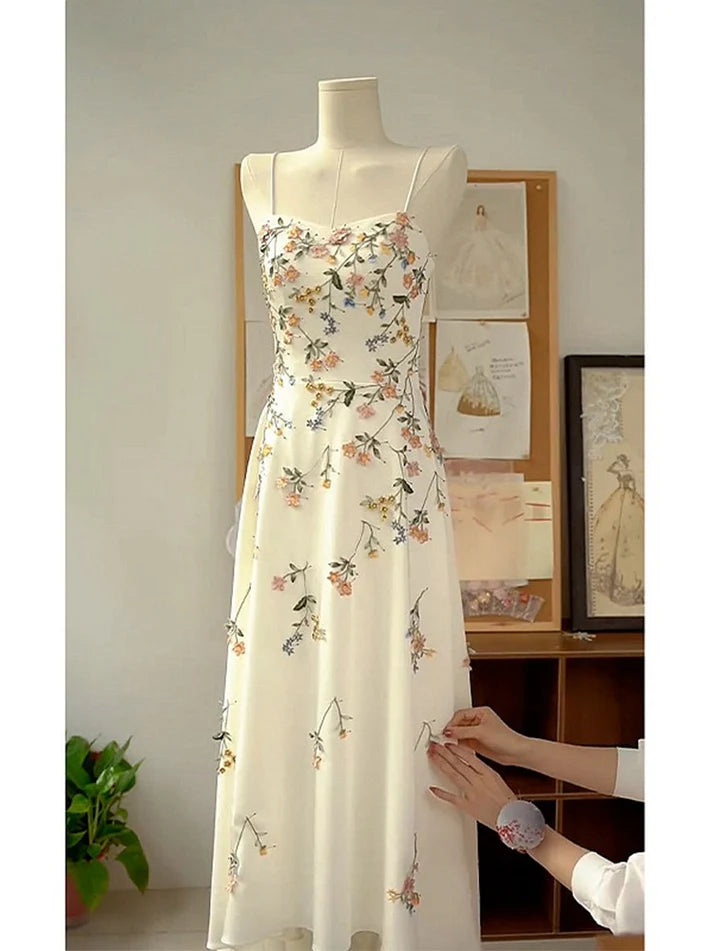 Sexy A line Spaghetti Straps Ivory Floral Satin Prom Dresses Birthday Outfits Evening Gown, LTP3576