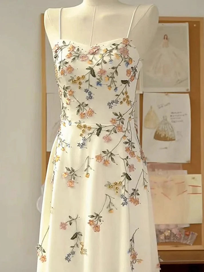 Sexy A line Spaghetti Straps Ivory Floral Satin Prom Dresses Birthday Outfits Evening Gown, LTP3576