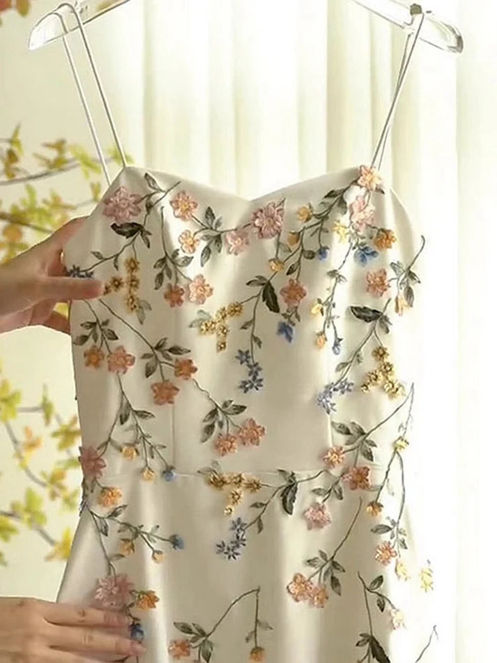 Sexy A line Spaghetti Straps Ivory Floral Satin Prom Dresses Birthday Outfits Evening Gown, LTP3576