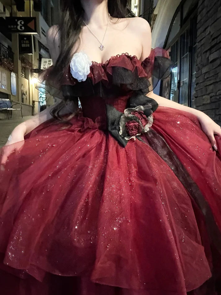 Sexy Ball Gown Strapless Burgundy Tulle Birthday Dresses Night Party Dress, LTP3594