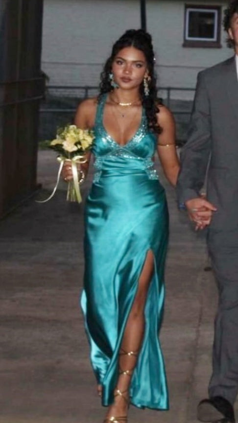 Sexy Blue V-neck Prom Dresses Beaded Slit Evening Graduation Dress,LTP4204