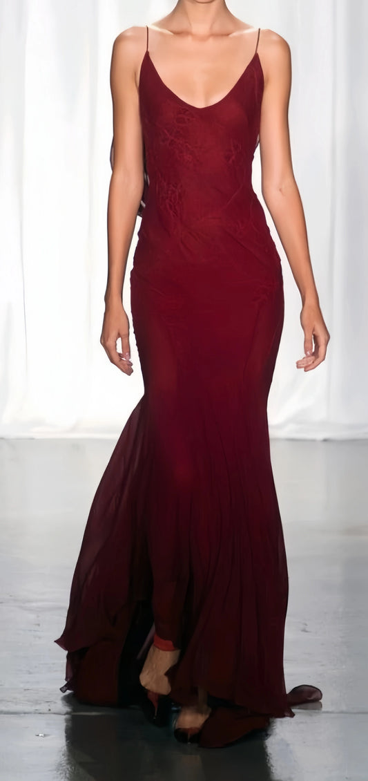 Sexy Burgundy Chiffon Mermaid Long Prom Dresses Backless Appliques Party Dress,LTP3981