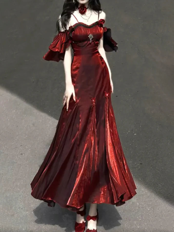 Sexy Mermaid Spaghetti Straps Burgundy Long Prom Dresses Christmas Night Dress Birthday Outfits , LTP3590