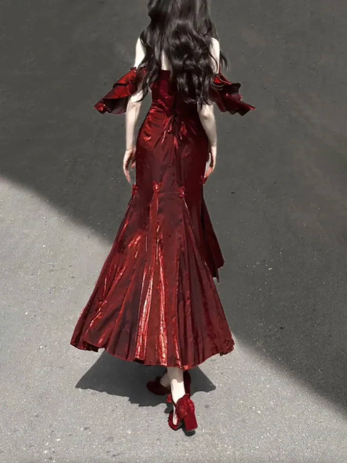 Sexy Mermaid Spaghetti Straps Burgundy Long Prom Dresses Christmas Night Dress Birthday Outfits , LTP3590