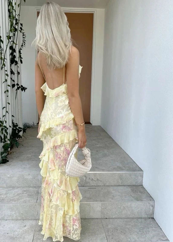 Sexy Mermaid Spaghetti Straps Floor Length Floral Yellow Chiffon Evening Dress Prom Dresses, LTP3642