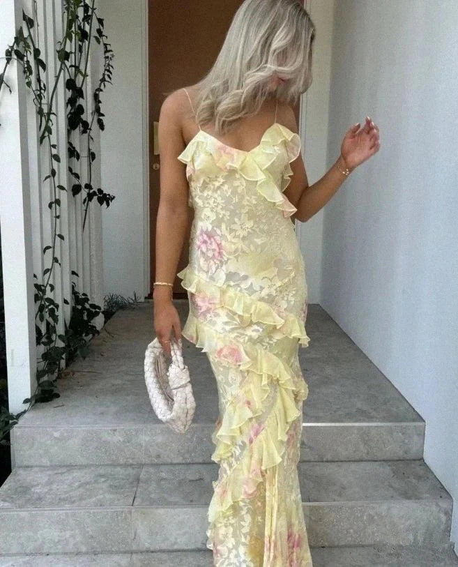 Sexy Mermaid Spaghetti Straps Floor Length Floral Yellow Chiffon Evening Dress Prom Dresses, LTP3642