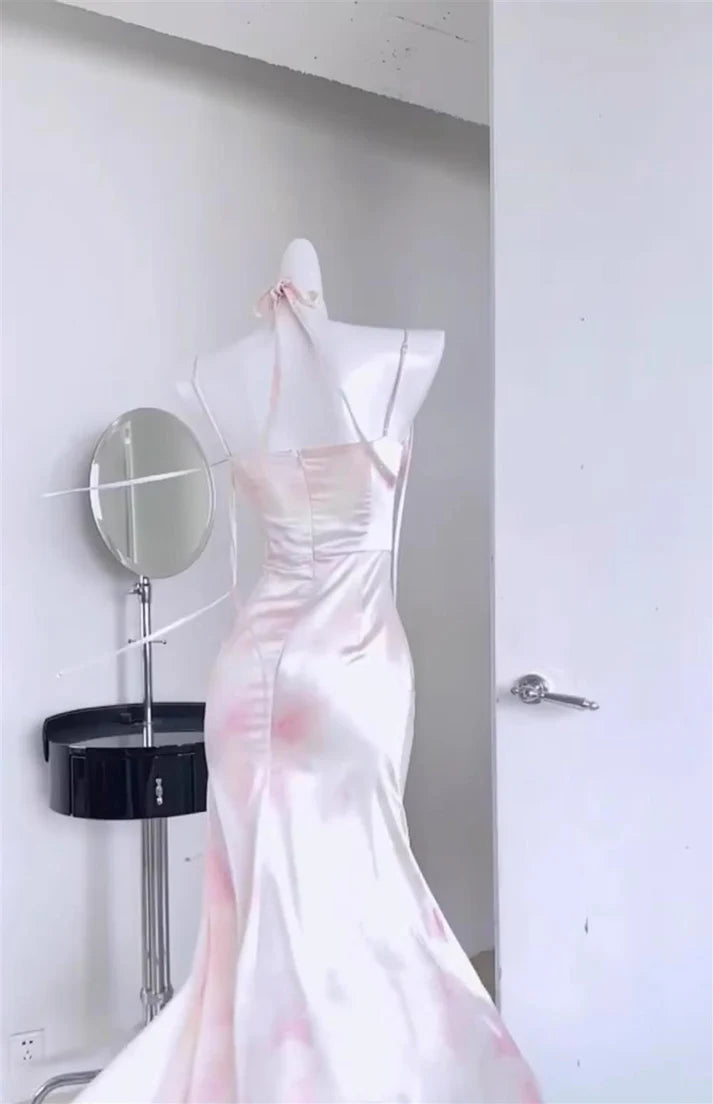 Sexy Mermaid Spaghetti Straps Pink Satin Prom Dresses Night Dress Birthday Outfits , LTP3585