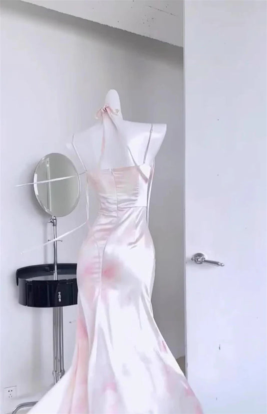 Sexy Mermaid Spaghetti Straps Pink Satin Prom Dresses Night Dress Birthday Outfits , LTP3585