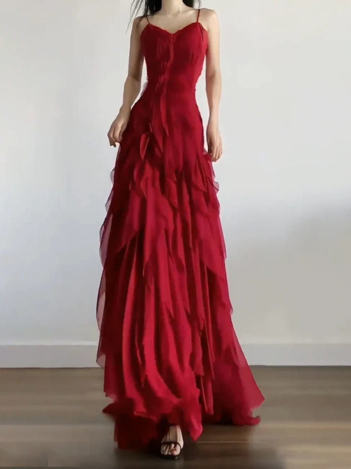 Sexy Mermaid Spaghetti Straps Red Chiffon Ruffles Birthday Dresses Long Prom Dress, LTP3593