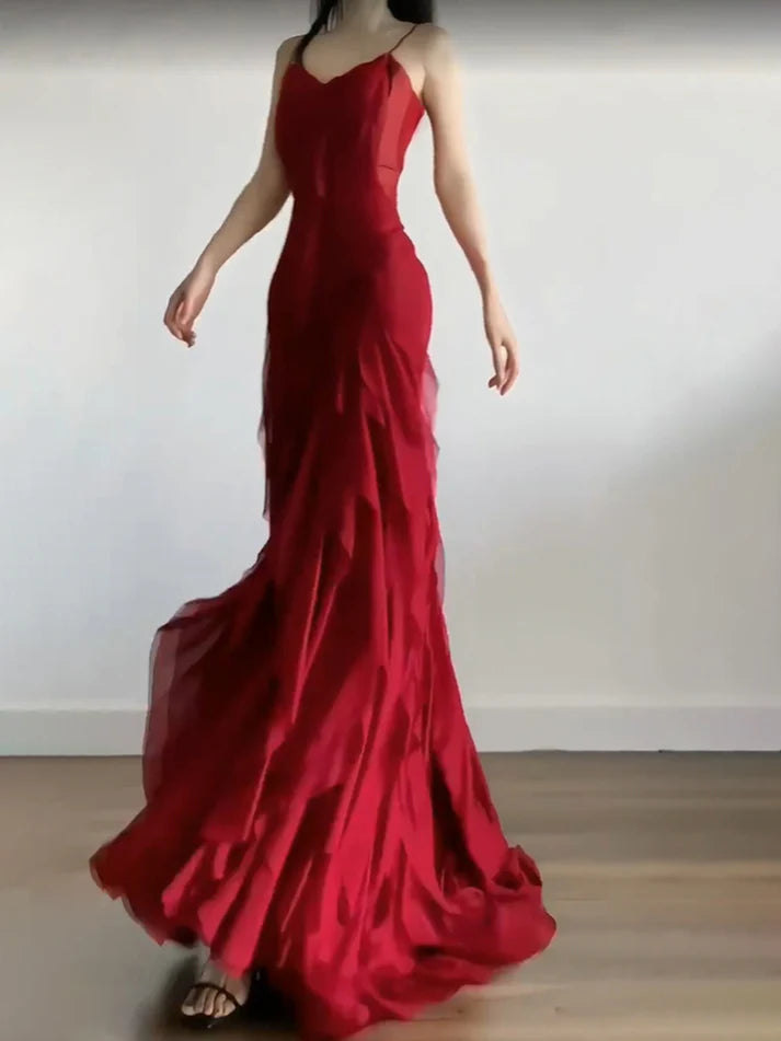 Sexy Mermaid Spaghetti Straps Red Chiffon Ruffles Birthday Dresses Long Prom Dress, LTP3593