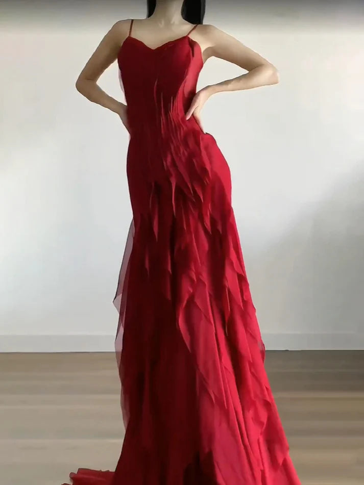 Sexy Mermaid Spaghetti Straps Red Chiffon Ruffles Birthday Dresses Long Prom Dress, LTP3593