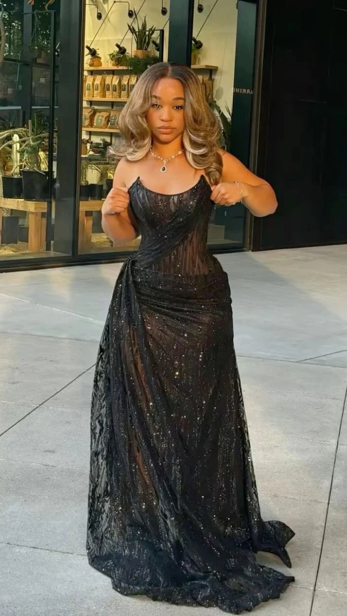Sexy Mermaid Spaghetti Straps Sequin Slit Black Long Prom Dresses Party Dress , LTP3647