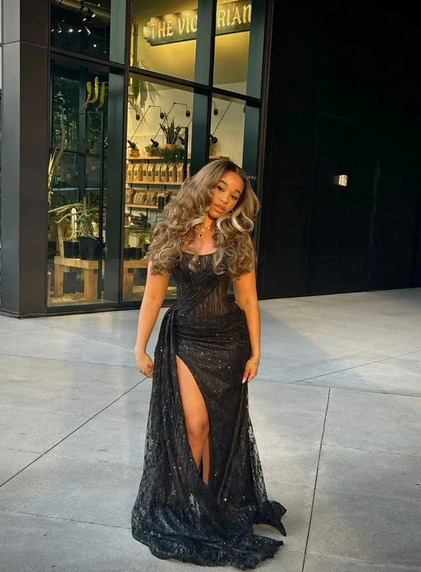 Sexy Mermaid Spaghetti Straps Sequin Slit Black Long Prom Dresses Party Dress , LTP3647