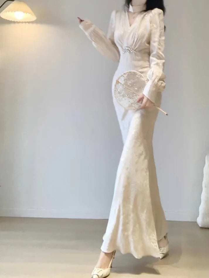Sexy Mermaid V Neckline Long Sleeves White Prom Dresses Night Dress Birthday Outfits , LTP3586