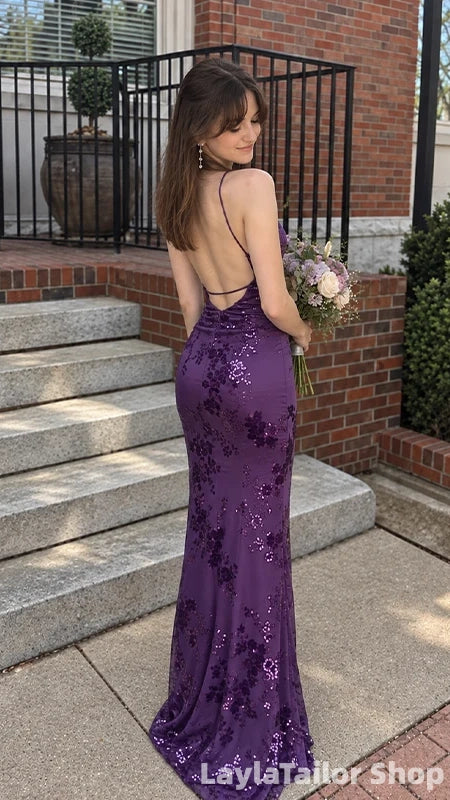 Sexy Purple Mermaid Prom Dresses Sequin Backless Evening Gown, LTP82778