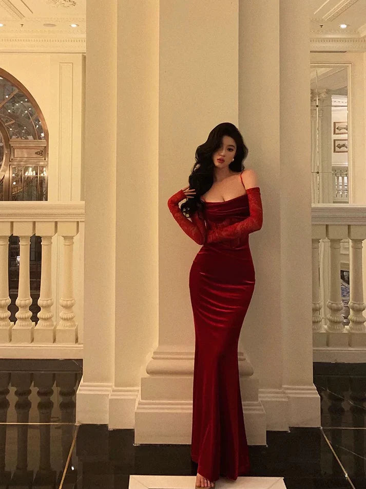 Sexy Sheath Spaghetti Straps Lace Red Velvet Long Prom Dresses Birthday Outfits With Gloves , LTP3580