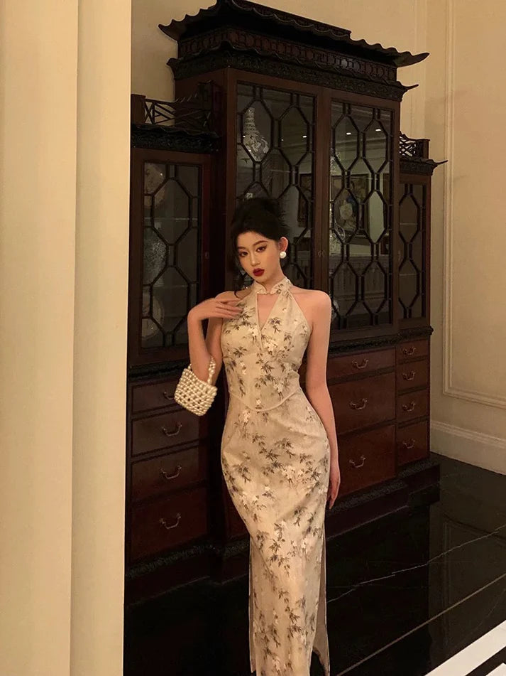 Sexy Sheath Straps Halter Floral Satin Prom Dresses Birthday Outfits Evening Gown, LTP3598