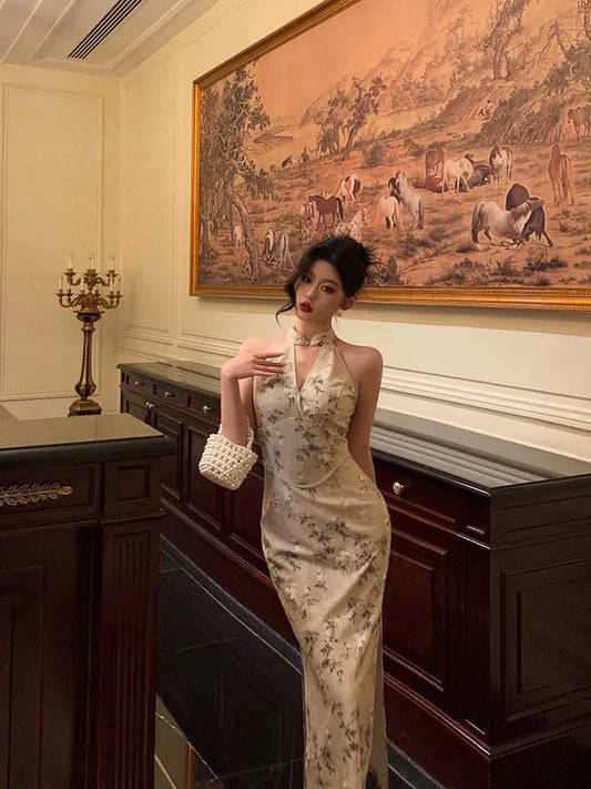 Sexy Sheath Straps Halter Floral Satin Prom Dresses Birthday Outfits Evening Gown, LTP3598