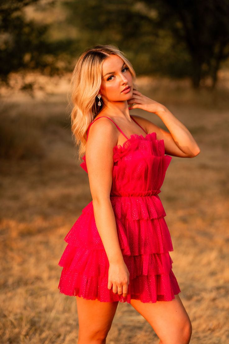 Shiny Fuchsia Ruffle Short Dress Sequins Tulle Hoco Dress, LTP3297