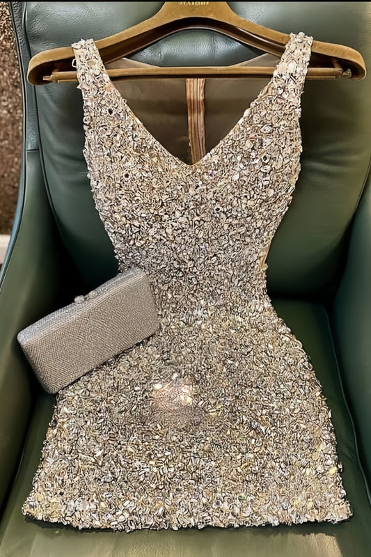 Silver Bodycon Homecoming Dresses V-Neck Mini Party Dress,LTP4028