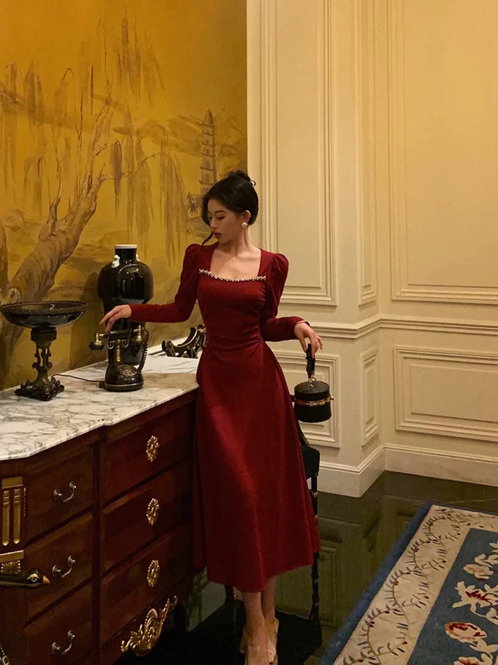 Simple A line Square Neckline Long Sleeves Red Prom Dresses Birthday, LTP3575