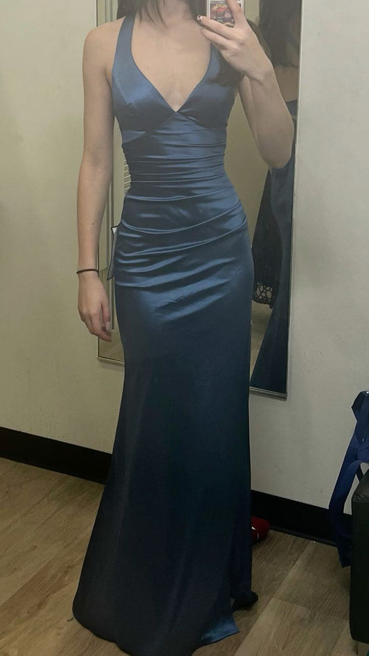 Simple Halter Mermaid Long Prom Dresses Satin V-Neck Evening Party Dress,LTP4335