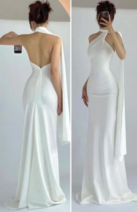 Simple Mermaid High Neckline White Party Dress Long Prom Dresses, LTP3643