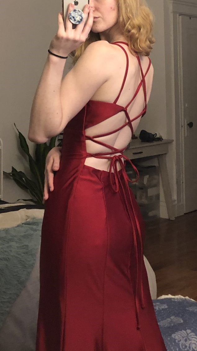 Simple Prom Dresses,Burgundy Satin Bodycon Party Dress,Long Formal Dress,LTP4134