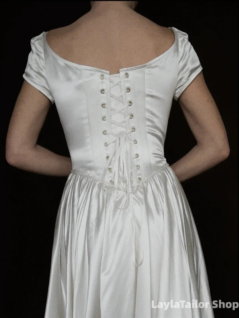 Simple Vintage White Satin Wedding Dresses A-Line Bridal Wedding Gown,LTP3699
