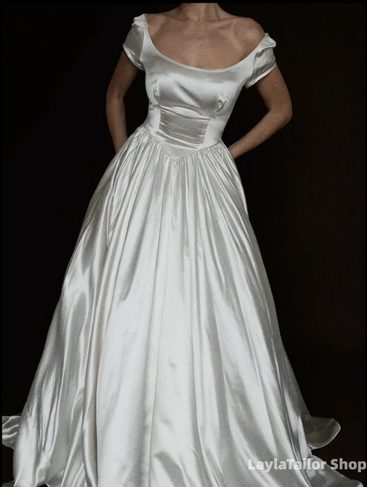 Simple Vintage White Satin Wedding Dresses A-Line Bridal Wedding Gown,LTP3699
