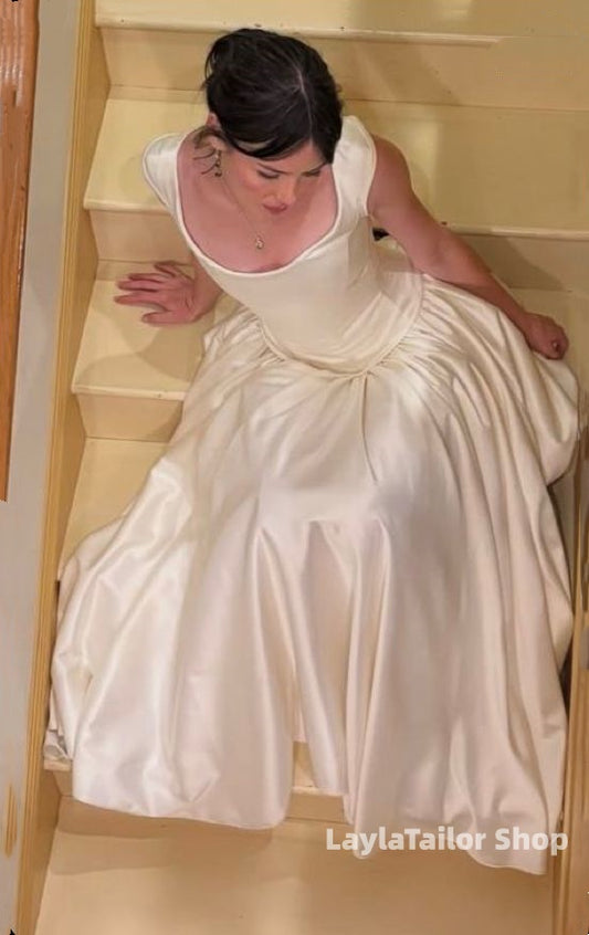 Simple Ivory Drop Waist Satin Wedding Dresses,LTP4531