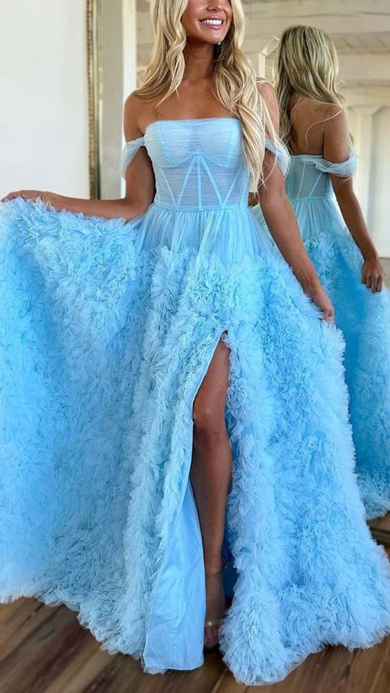 Sky Blue Off The Shoulder Long Prom Dress With Slit