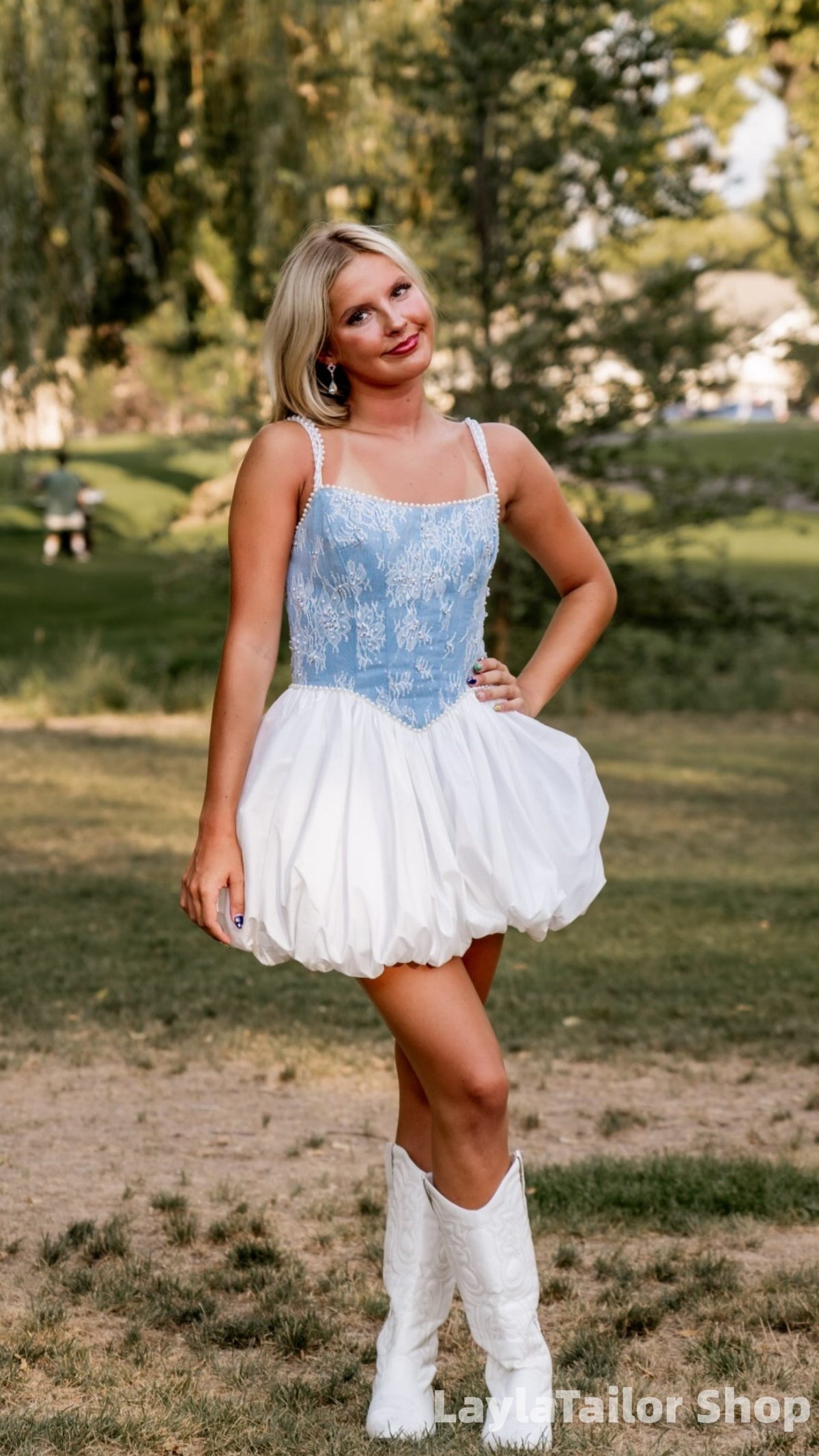 Sky Blue White Lace Beaded Short Homecoming Dresses LTP82676
