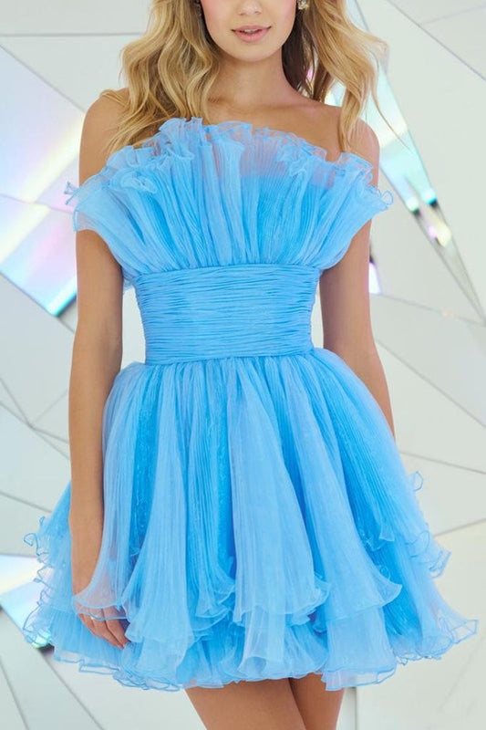 Sky Blue Strapless Sleeveless Ruched Tulle A-Line Mini Homecoming Dress, LTP2920