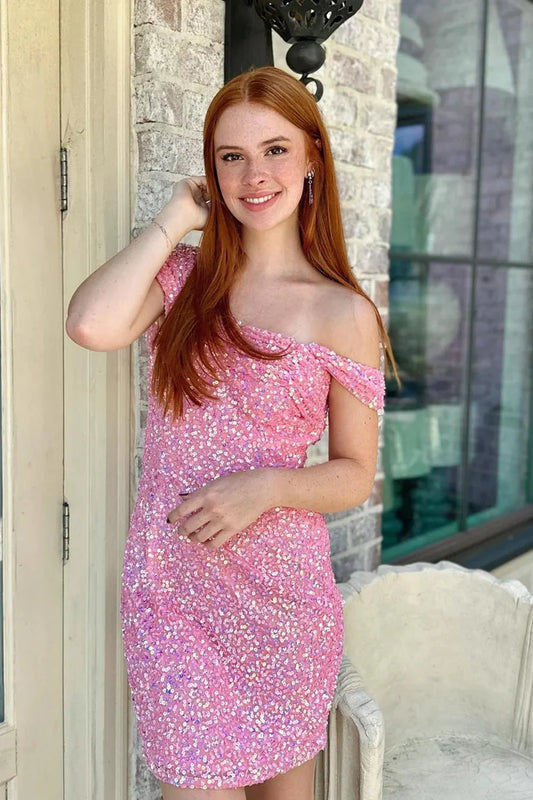 Soft Pink Sequin Homecoming Dresses Tight Off The Shoulder Cocktail Dress, LTP3275