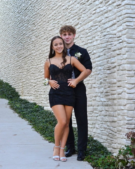 Spaghetti Straps Black Applique Mini Homecoming Dress,LTP3707