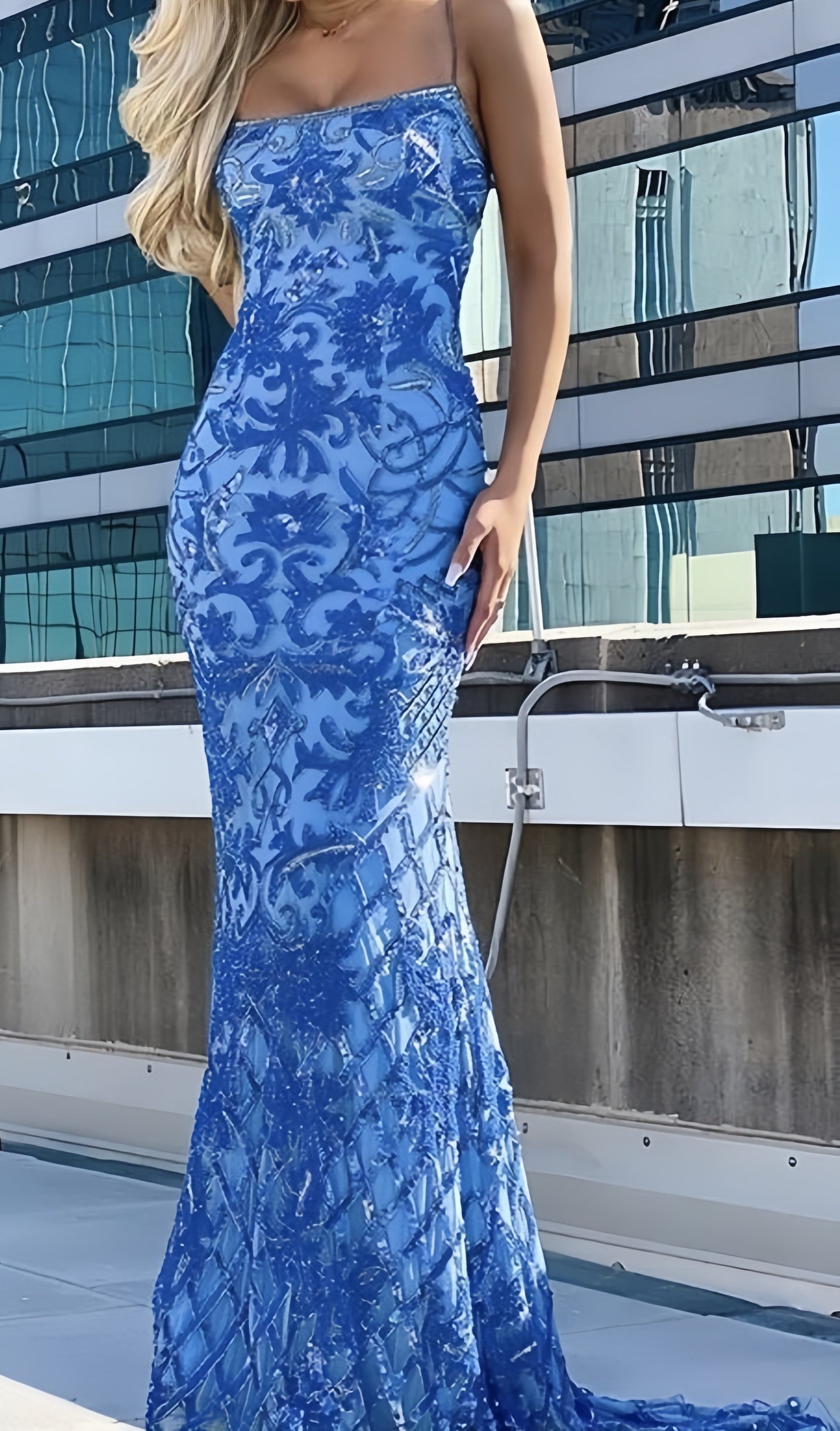 Spaghetti Straps Blue Mermaid Prom Dress, Lace Sequin Evening Formal Gown, LTP3736