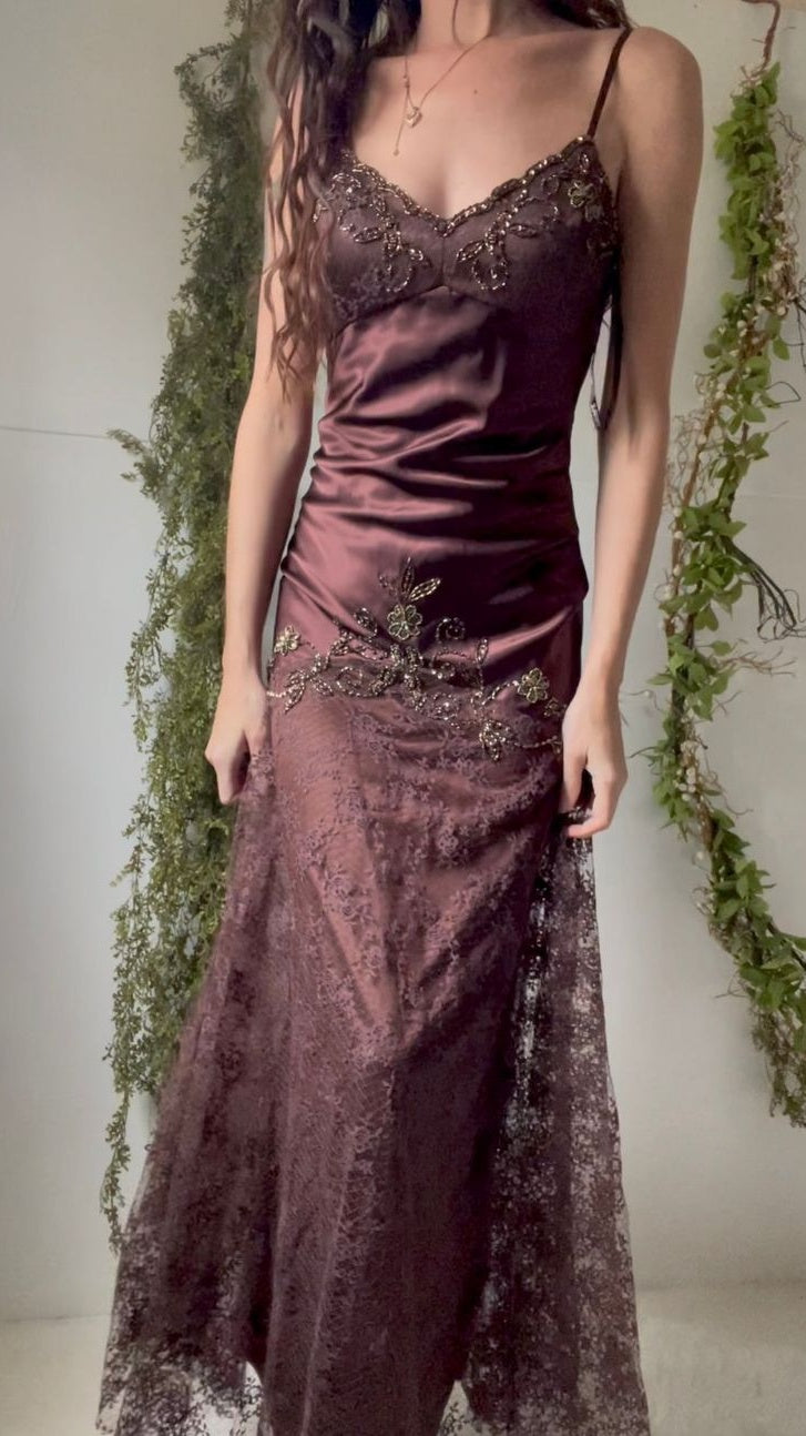 Spaghetti Straps Brown Lace Beaded Evening Party Dresses,LTP4093