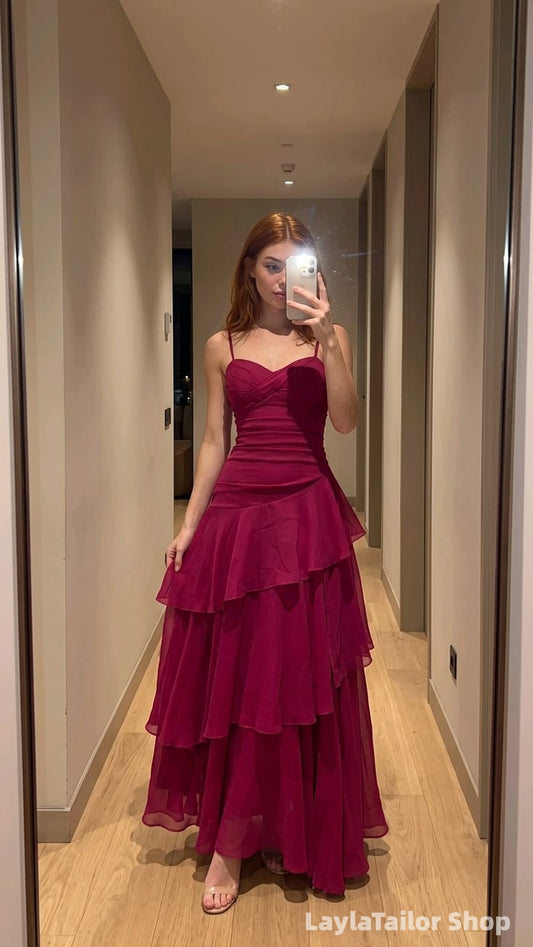 Spaghetti Straps Burgundy Chiffon Ruffle Prom Dresses Long, LTP82766