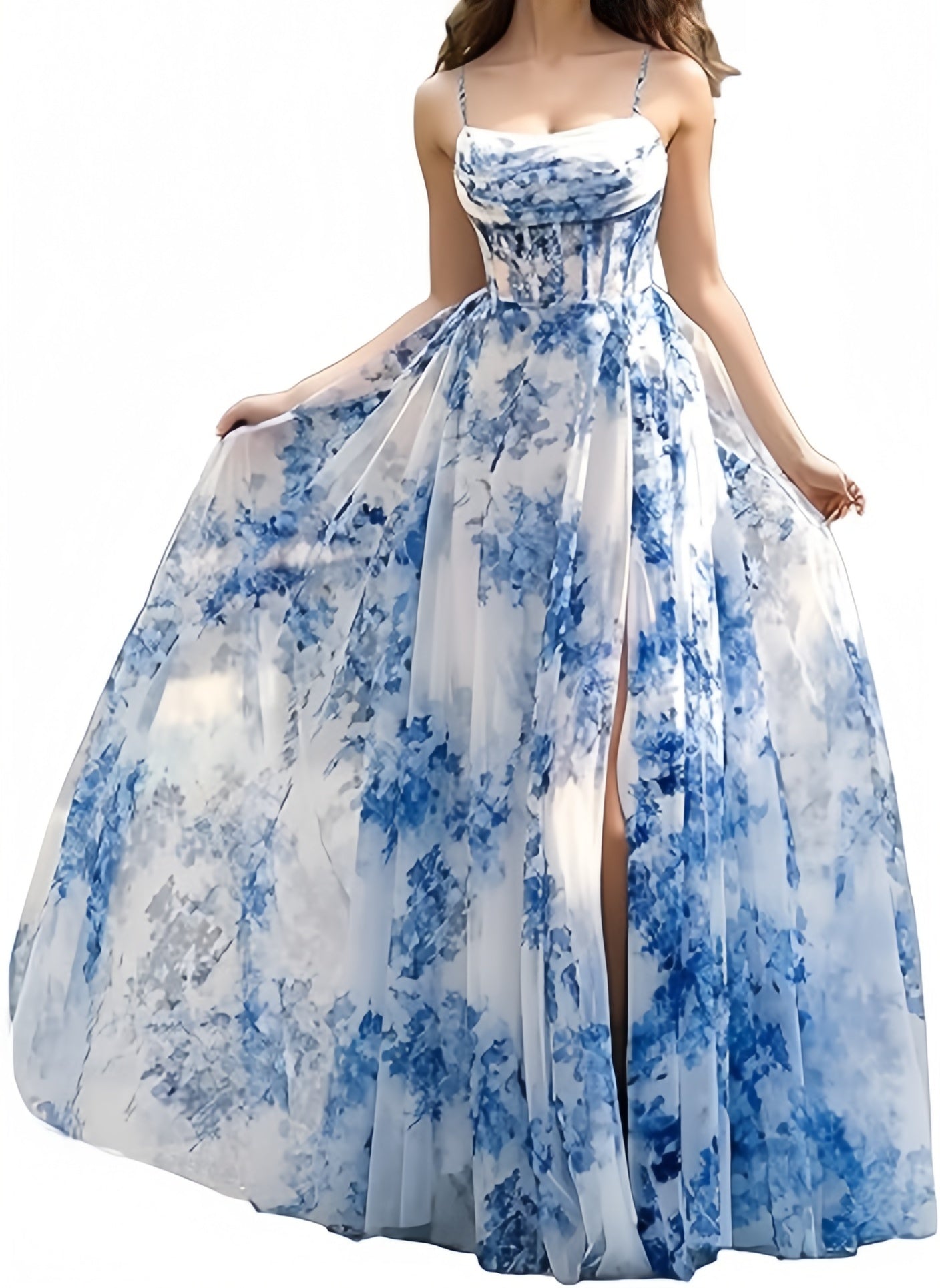 Spaghetti Straps Floral Prom Dress, Chiffon Slit Evening Dress, LTP3515