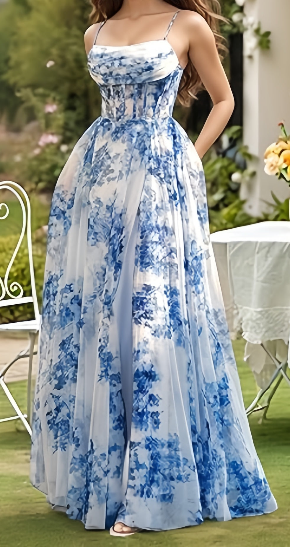 Spaghetti Straps Floral Prom Dress, Chiffon Slit Evening Dress, LTP3515