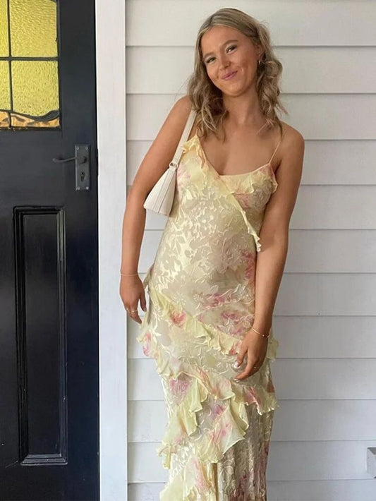 Spaghetti Straps Layers Yellow Floral Long Prom Dresses